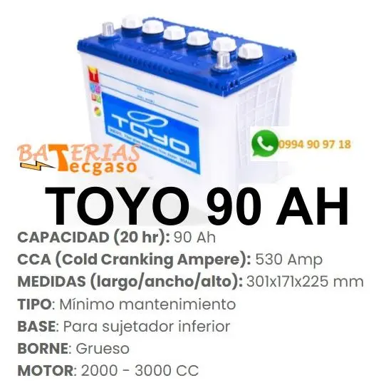 Batería Toyo 12V. 90 Amper- perfil alto -Borne Grueso - Con Recambio