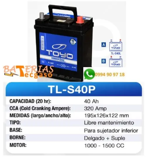 Baterias Toyo 12V 40 amper -perfil alto - borne fino - Con Recambio