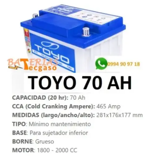 Batería Toyo 12V. 70 Amper- perfil alto -Borne Grueso - Con Recambio