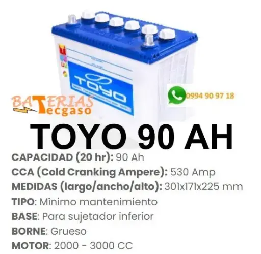 Batería Toyo 12V. 90 Amper- perfil alto -Borne Grueso - Con Recambio