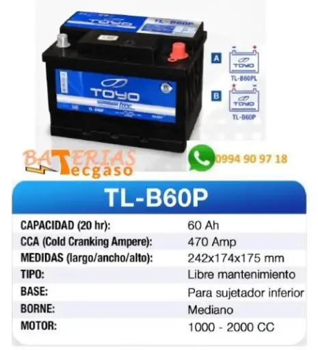 Batería Toyo 12V. 60 Amper- perfil Bajo -Borne Grueso (Sellado) Con Recambio
