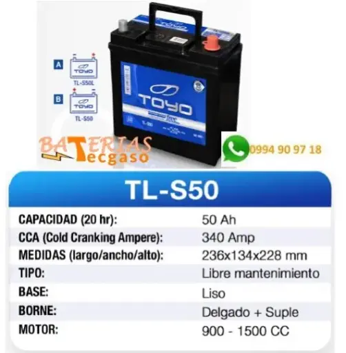 Baterias Toyo 12V 50 Amper -perfil alto - borne fino - Con Recambio