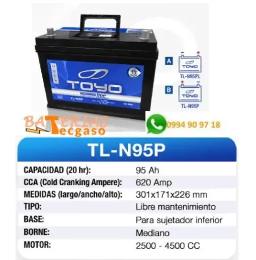 Baterias Toyo 12V 95 Amper -perfil alto - borne grueso - Con Recambio