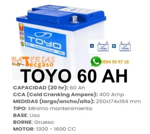 Batería Toyo 12V. 60 Amper- perfil Bajo -Borne Grueso - Con Recambio
